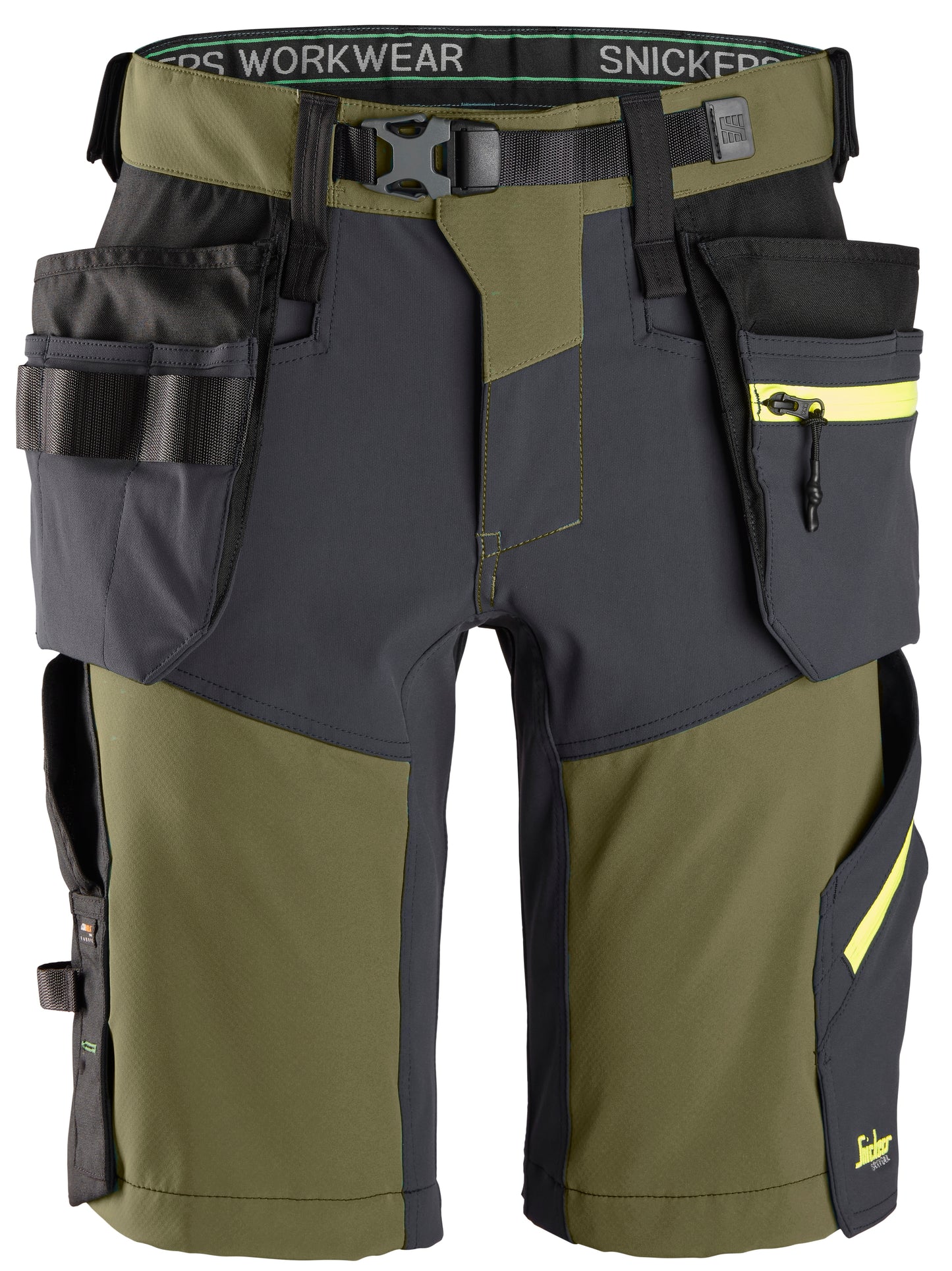 Snickers FlexiWork Softshell Stretch Korte Broek+ HP (KhakiGroen/Grijs)